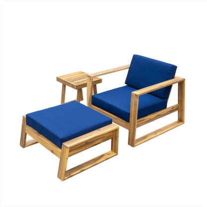 3 Pack Outdoor Lounge Chair, Acacia Wood Chaise Lounge set-Chair & Ottoman, Sunbathing Recliner, Beach Chair, Tanning Chair for Patios, Balconies, and Gardens