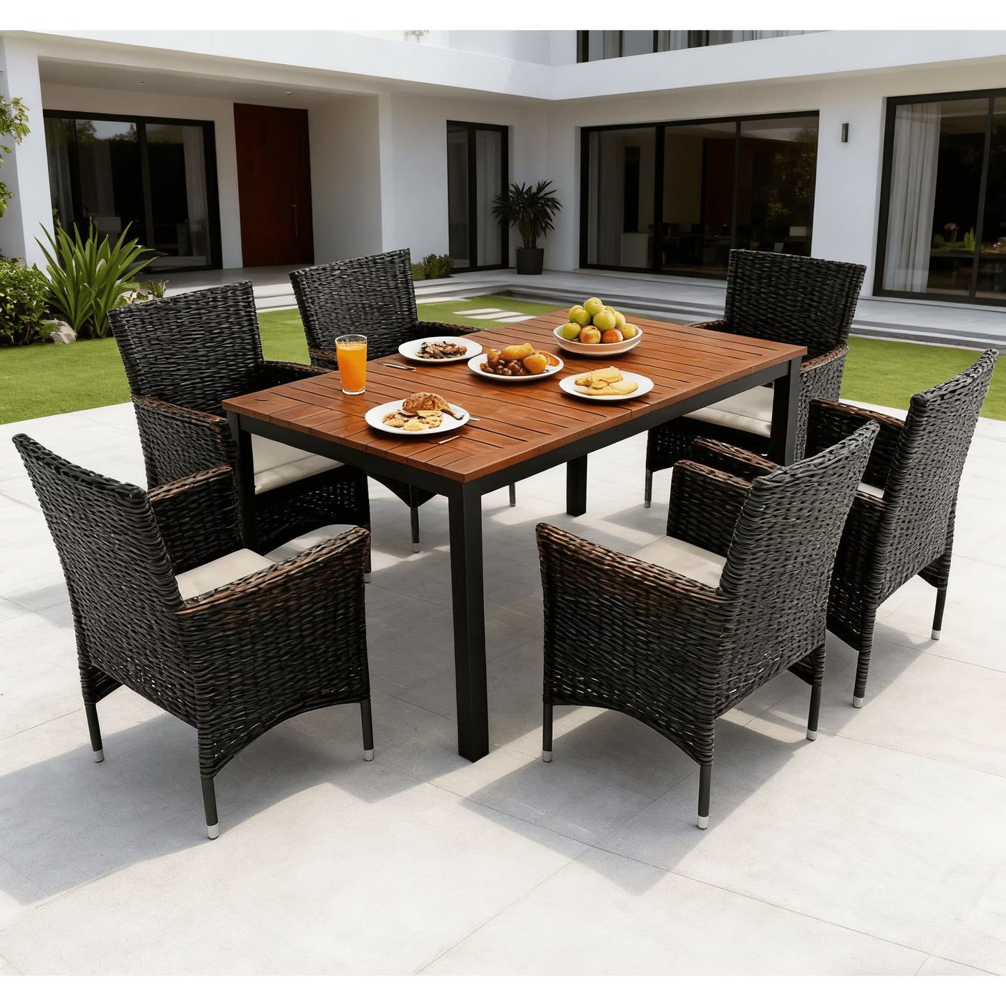 7PCS Outdoor Rattan Table & Chairs Set, Wicker Patio Dining Set, outdoor Conversation Setwith Acacia Wood Top & Padded Cushions, suitable for garden backyard pool terrace