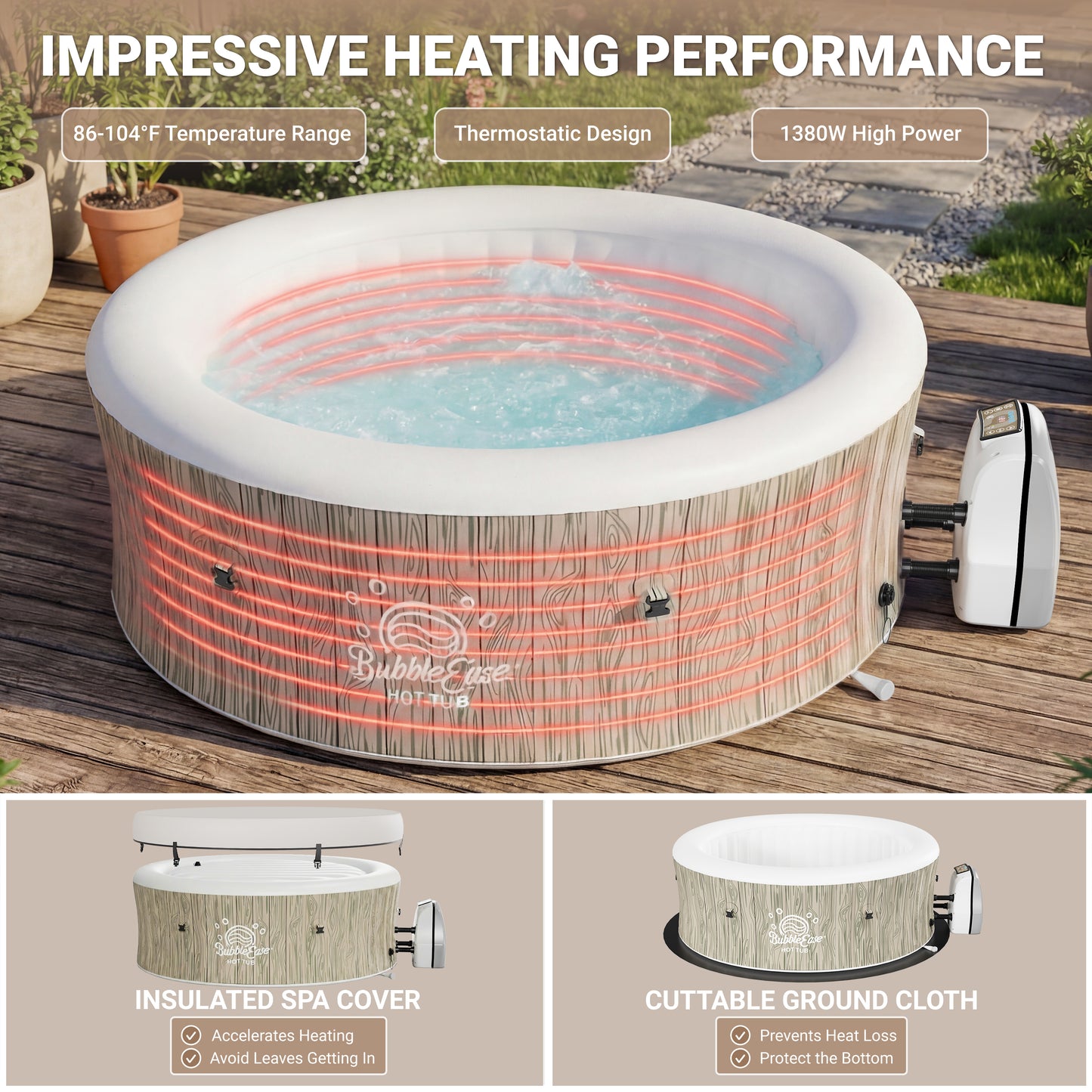 Segmart 6-8 Person Inflatable Hot Tub, 80-inch Round Outdoor Portable Spa with 140 Bubble Jets, Heating & Filtration System, 104°F Max Temp, Backyard Blow Up Hot Tub with Cover, Easy-Setup