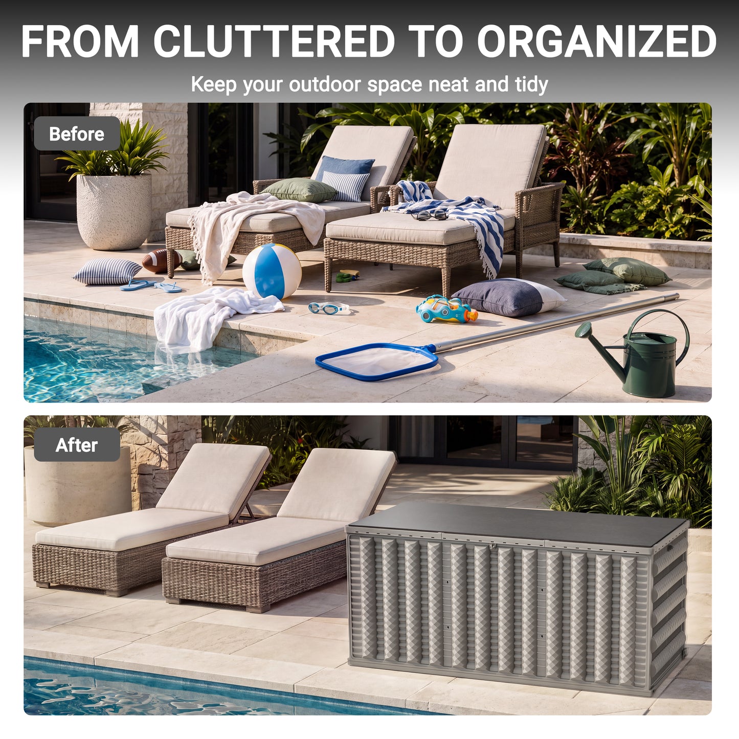 130 Gallon Resin Deck Box, Outdoor Lockable Storage Container for Patio Cushions, Garden Tools, Pool Supplies, Toys, Water Resistant and UV Resistant, Reinforced Rib Design, Built-in Wheels, Gray