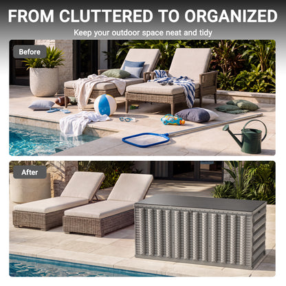 130 Gallon Resin Deck Box, Outdoor Lockable Storage Container for Patio Cushions, Garden Tools, Pool Supplies, Toys, Water Resistant and UV Resistant, Reinforced Rib Design, Built-in Wheels, Gray