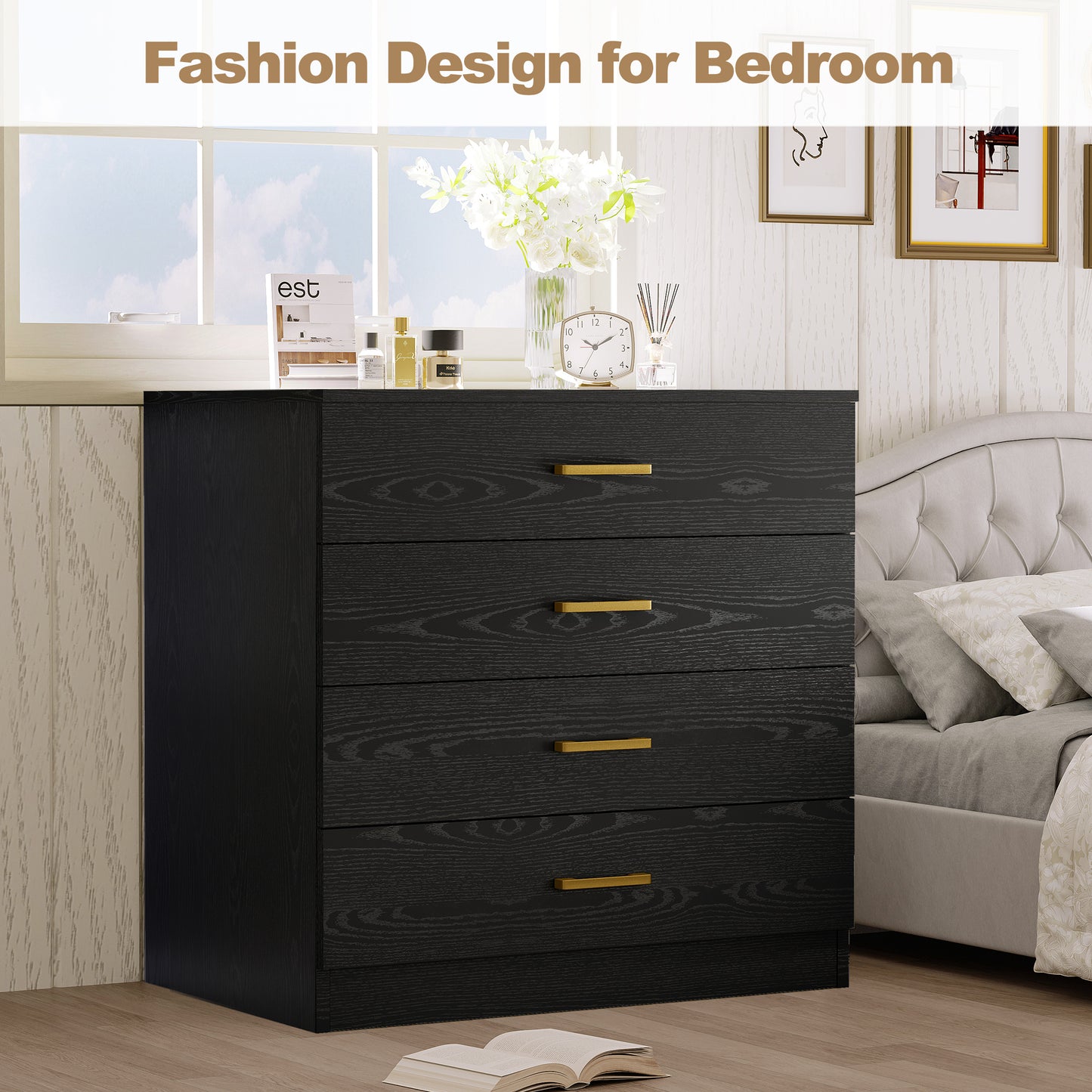 Dressers for Bedroom, Heavy Duty 4-Drawer Wood Chest of Drawers, Segmart Modern Storage Bedroom Chest for Kids Room, Black Vertical Storage Cabinet for Bathroom, Closet, Entryway, Hallway, Nursery