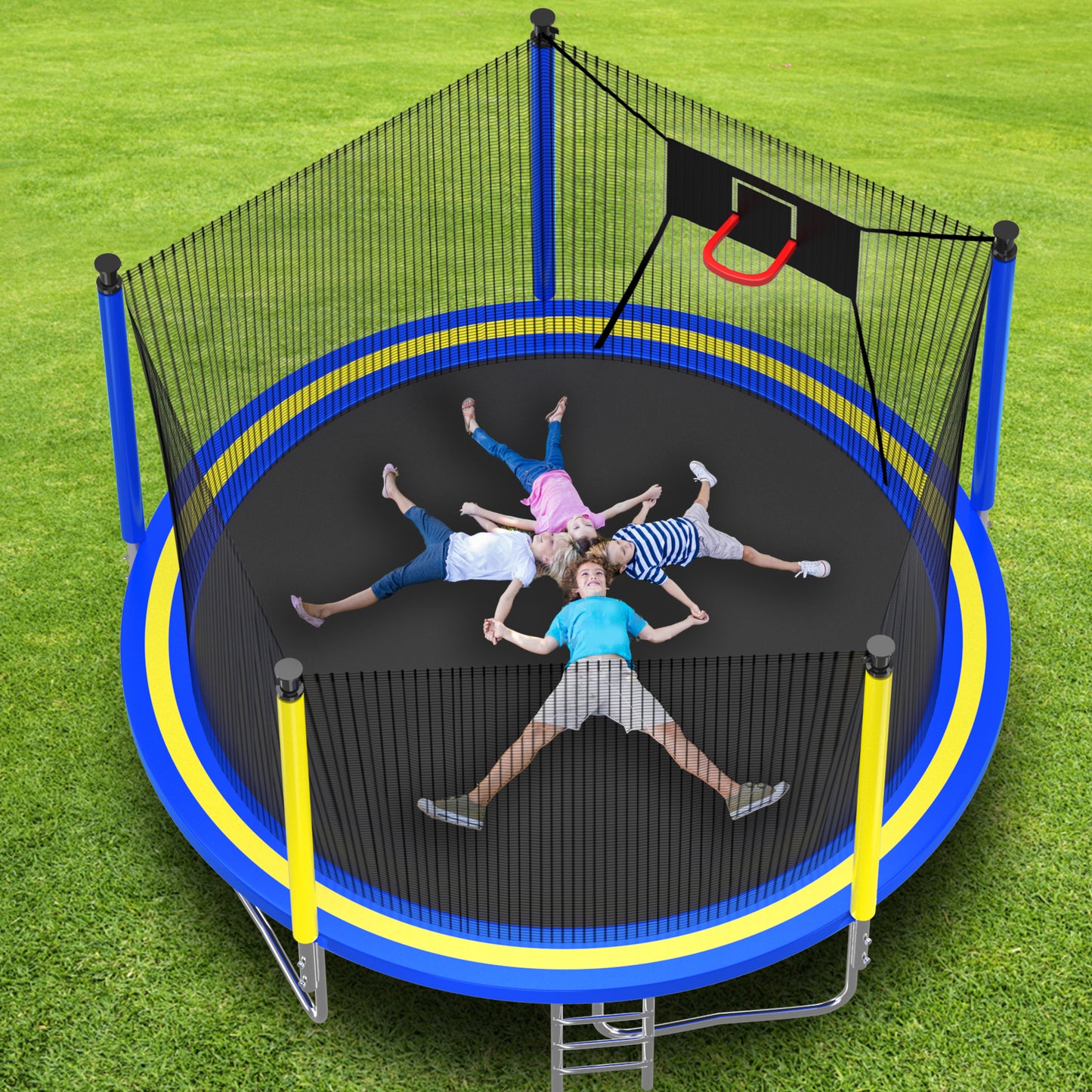 14FT Trampoline for Adults Kids, SEGMART Upgraded Round Recreational Trampoline with Basketball Hoop, Outdoor Heavy Duty Backyard Trampoline with Enclosure Net for Indoor Outdoor Backyard, Blue