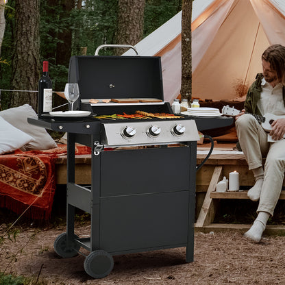 Segmart 3 Burner BBQ Propane Gas Grill, Stainless Steel 25,650 BTU Patio Garden Barbecue Grill with Folding Side Tables, Hanging Basket & Thermometer, Perfect for Camping, Outdoor Cooking