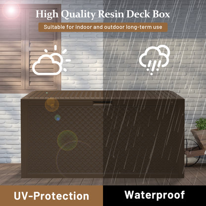75 Gallon Resin Deck Box, Outdoor Lockable Storage Container for Patio Cushions, Garden Tools, Pool Supplies, Toys, Waterproof and UV Resistant, Brown