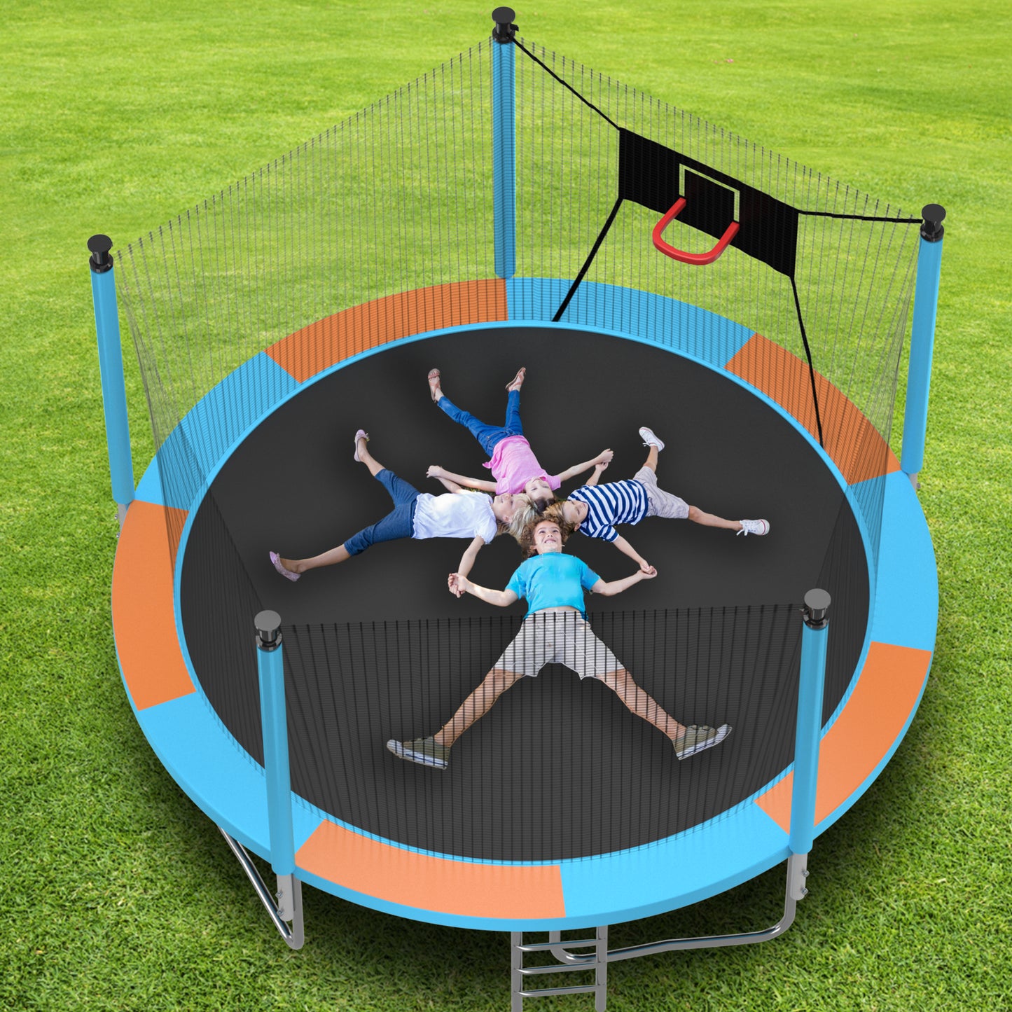 rampoline with Enclosure, Upgraded 14 Feet Kids Outdoor Trampoline with Basketball Hoop and Ladder, Heavy Duty Round Trampoline for Indoor Outdoor Backyard, LLL4568