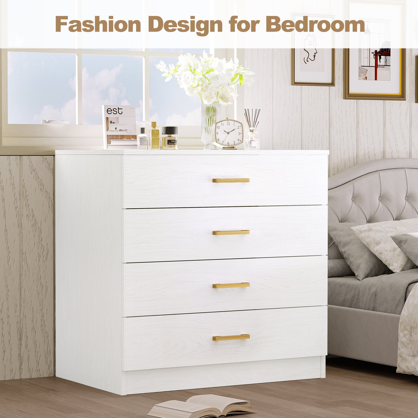 White 4-Drawer Wood Dressers for Bedroom