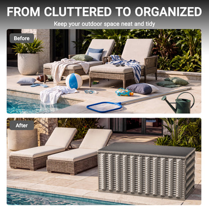 180 Gallon Resin Deck Box, Outdoor Lockable Storage Container for Patio Cushions, Garden Tools, Pool Supplies, Toys, Water Resistant and UV Resistant, Reinforced Rib Design, Built-in Wheels, Gray