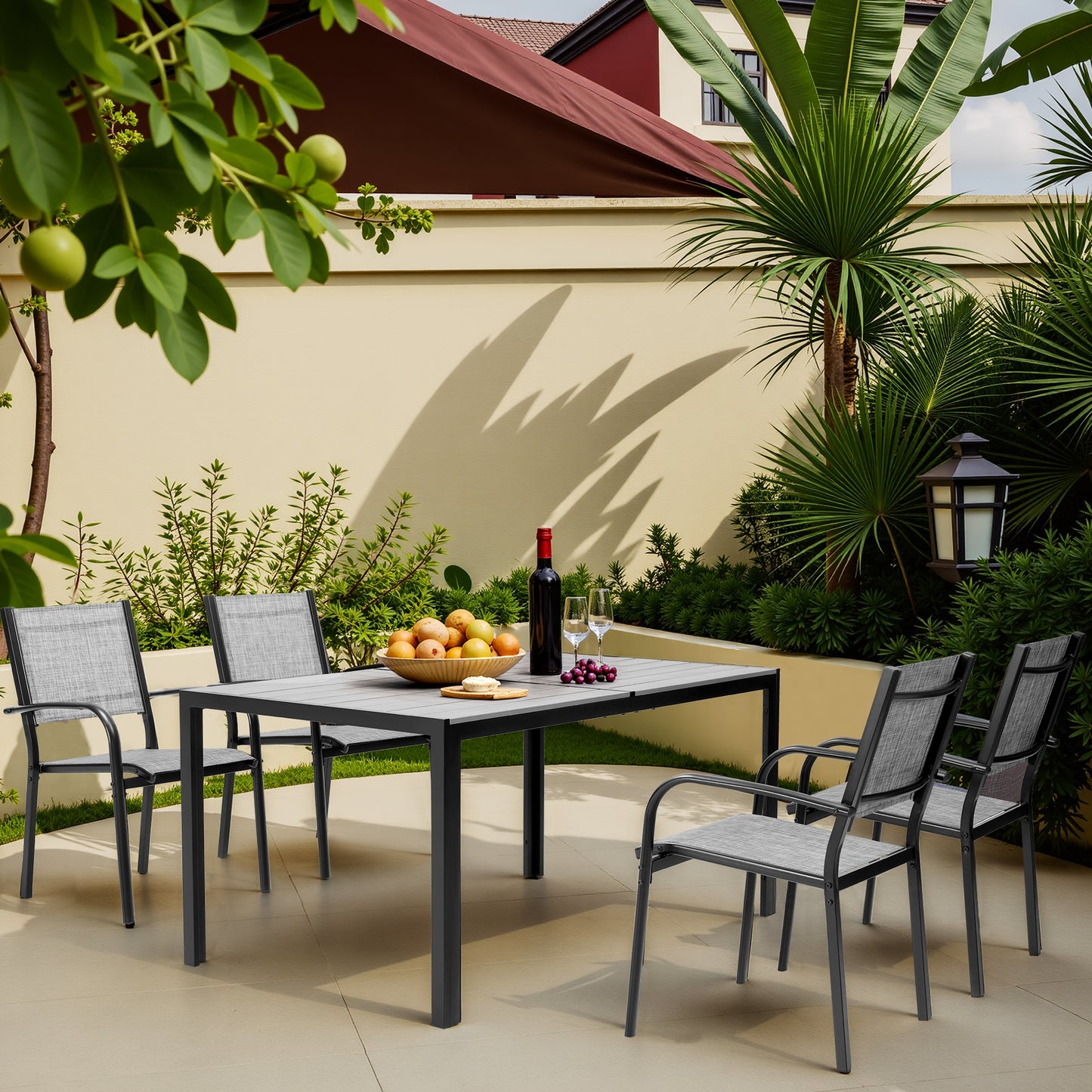 Patio Dining Set, 7PCS Outdoor Plastic-Wood Table & Textilene Chairs Set, Outdoor Furniture Dining Table Set, Garden Porch Backyard Poolside Sectional Conversation Set