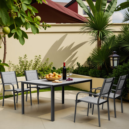 Patio Dining Set, 7PCS Outdoor Plastic-Wood Table & Textilene Chairs Set, Outdoor Furniture Dining Table Set, Garden Porch Backyard Poolside Sectional Conversation Set