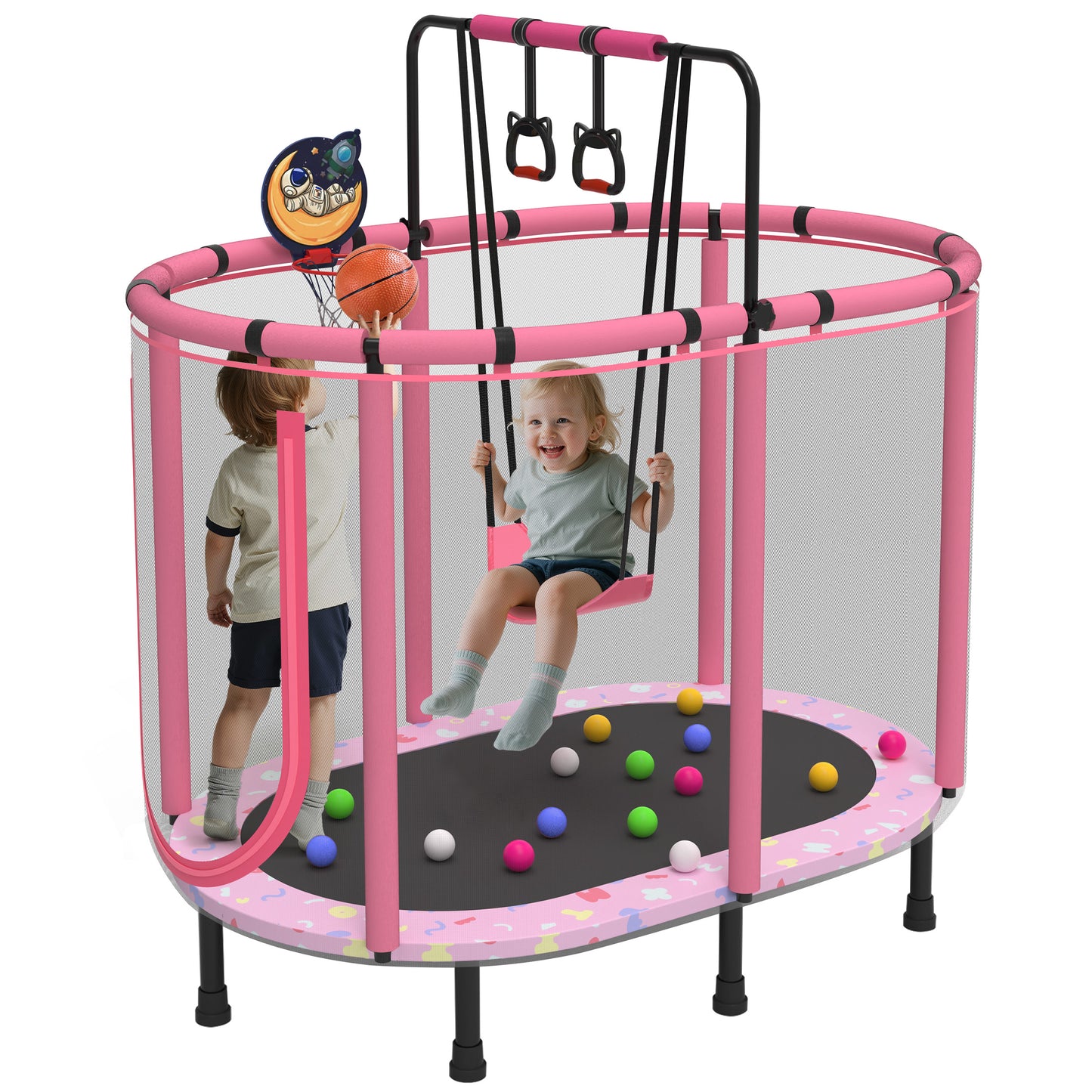 60" Toddler Trampoline with Safety Enclosure Net, SEGMART Upgraded Kids Trampoline with Basketball Hoop, Swing, Rings, Balls, Indoor Outdoor Mini Trampoline Birthday Gift for Kids Ages 3-9