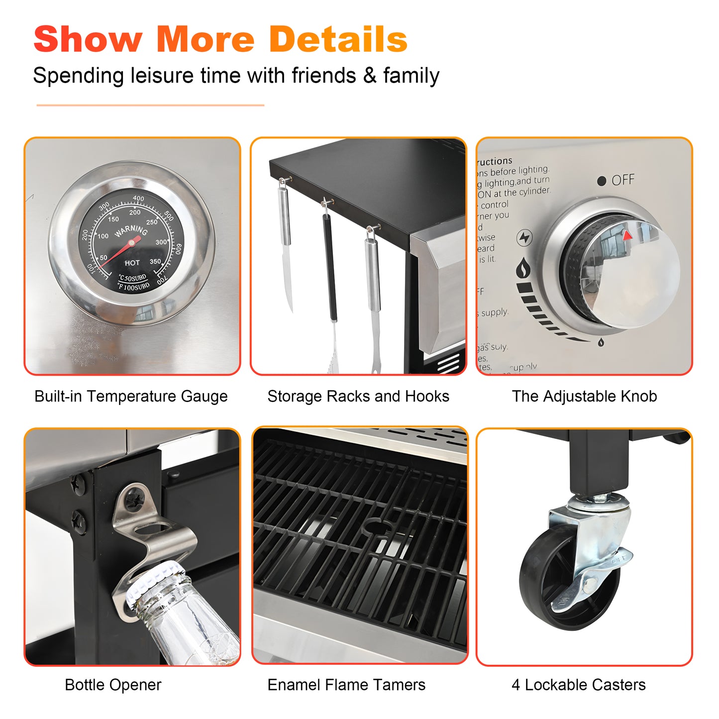 4-Burner Gas Grill with Side Burner, 51,000 BTU Propane BBQ Grill with Porcelain-Enameled Cast Iron Grates, Built-in Thermometer, Ideal for Patio Camping Outdoor Cooking