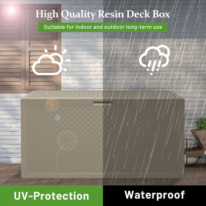 90 Gallon Resin Deck Box, Outdoor Lockable Storage Container for Patio Cushions, Garden Tools, Pool Supplies, Toys, Water Resistant and UV Resistant, Holds up to 485lbs, Light Brown
