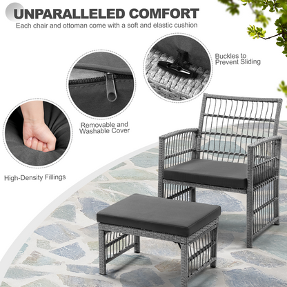 Outdoor Conversation Set of 5, Outdoor Patio Chair and Footstool Set with Cushions & 2-Tier Tea Table, All Weather Wicker Patio Furniture Set, Ideal for Patio Poolside Yard Deck Coffee Bar