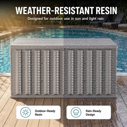 180 Gallon Resin Deck Box, Outdoor Lockable Storage Container for Patio Cushions, Garden Tools, Pool Supplies, Toys, Water Resistant and UV Resistant, Reinforced Rib Design, Built-in Wheels, Gray