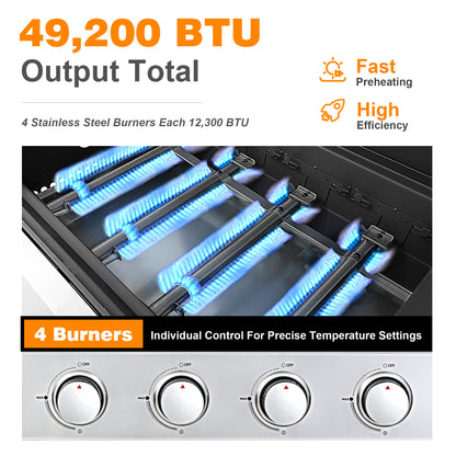 4 Burner Propane Gas Grill and Griddle Combo, Propane BBQ Grill with Foldable Side Table, Hanging Basket, and Tool Hooks for Backyard Camping Cooking, 2 in 1, 49,200BTU Output