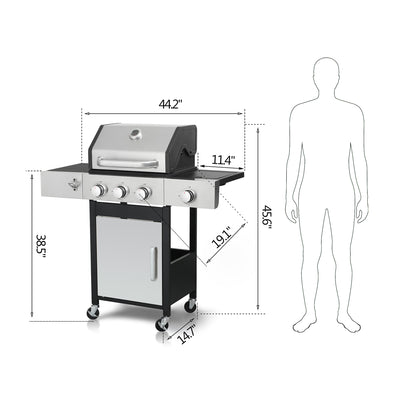 3-Burner Gas Grill with Side Burner, 37230 BTU Propane BBQ Grill with Porcelain-Enameled Cast Iron Grates, Build in Thermometer, Ideal for Patio Camping Outdoor Cooking