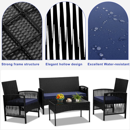 Patio Furniture Set on Sale, 4 Pieces Outdoor Rattan Conversation Sofa Set, All-Weather Wicker Patio Sets, Cushioned Sofa and Coffee Table for Garden Deck Courtyard, Nevy