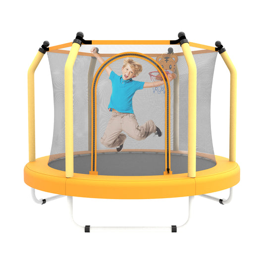 Toddler Trampoline with Safety Enclosure Net, Segmart Mini Trampoline with Cartoon Basketball Hoop, Recreational Trampoline with No-Gap Safe Design, Birthday Gifts for Boys & Girls