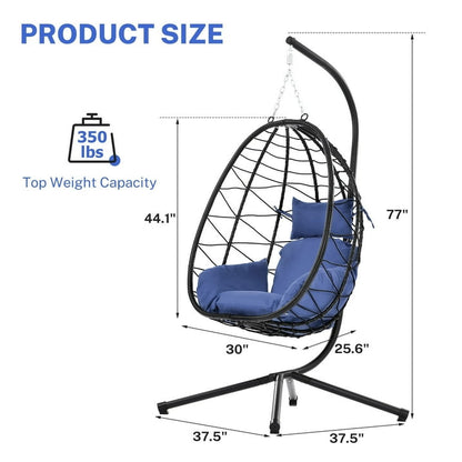 Wicker Hanging Egg Chair with Stand and Cushion, Outdoor Swing Egg-Shaped Chair w/Hanging Kits, Durable All-Weather UV Patio Rattan Lounge Chair for Bedroom, Patio, Deck, Yard, Garden, 350lbs, Navy B