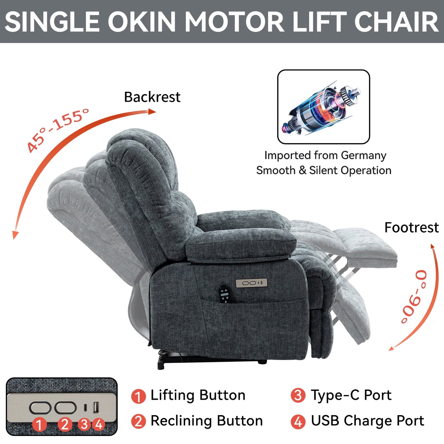 Extra Wide Power Lift Recliner Chair for Elderly, Oversized Chenille Lift Chair with 8-Point Massage & Lumbar Heat, USB Charging Port, Side Pockets, 350 lbs Capacity