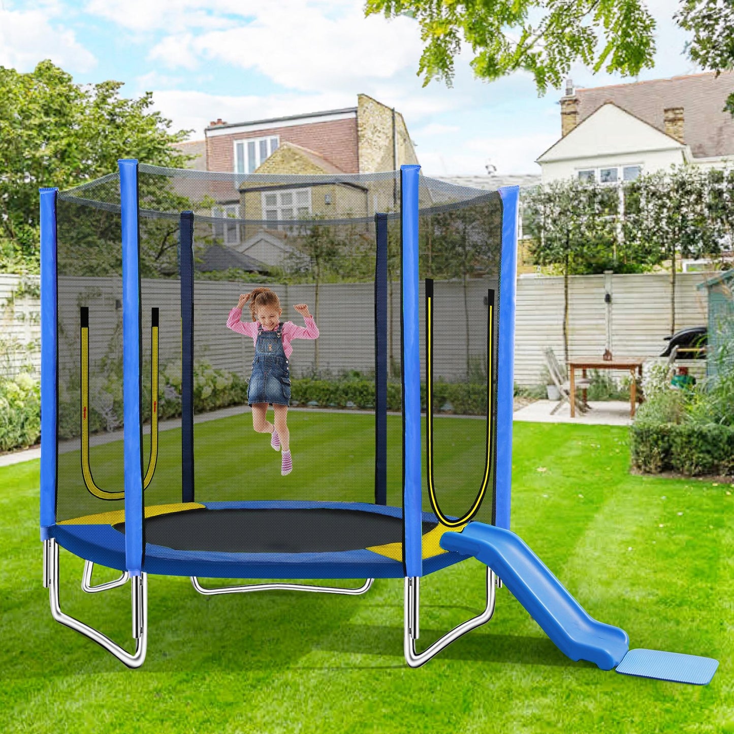 Trampoline for Kids with Slide, 7FT SEGMART Small Toddler Trampoline with Enclosure Net and Ladder, Upgraded Outdoor Recreational Trampoline for Indoor Outdoor Backyard, Blue