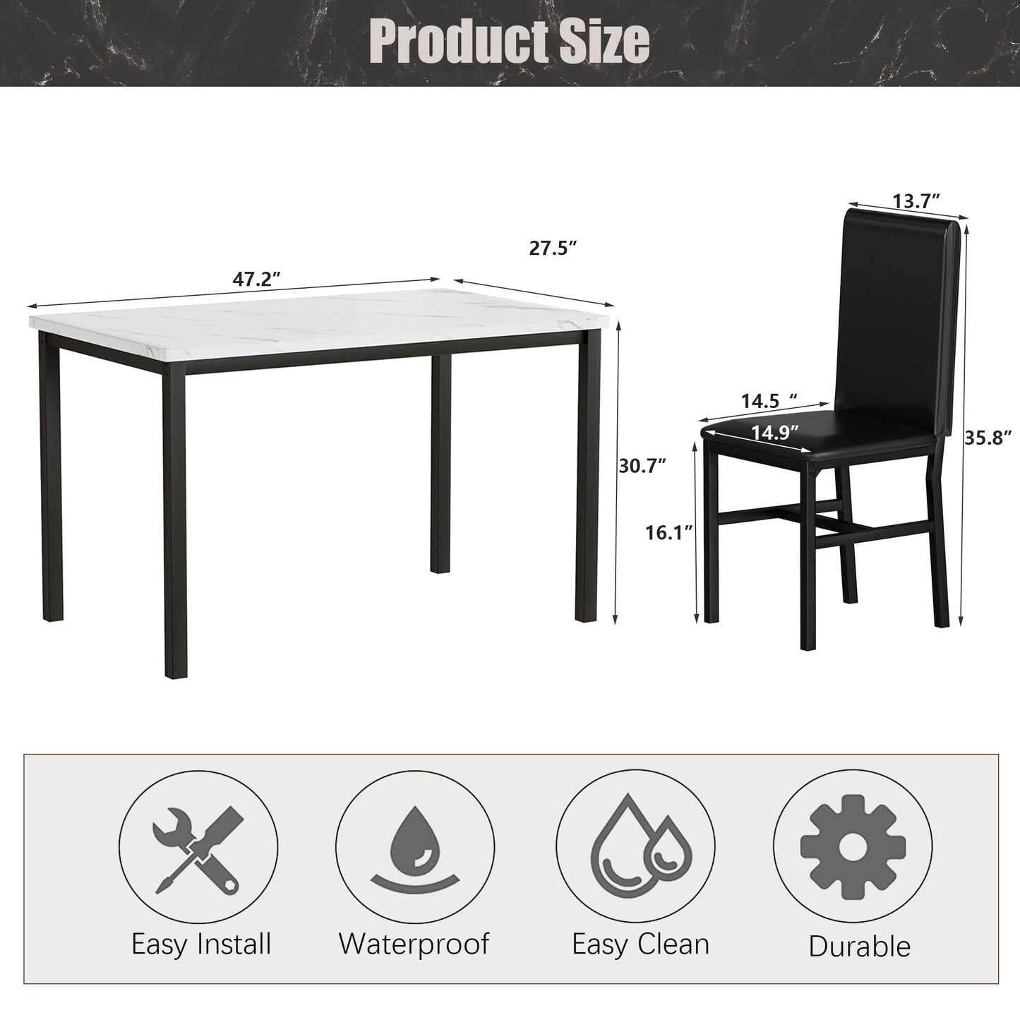 Kitchen Table and 4 Chairs Set, Metal Kitchen Table Sets Faux Marble Rectangular Breakfast Table w/Metal Legs & Black Finish Frame, Dining Table Sets for an Apartment Breakfast, SS1268
