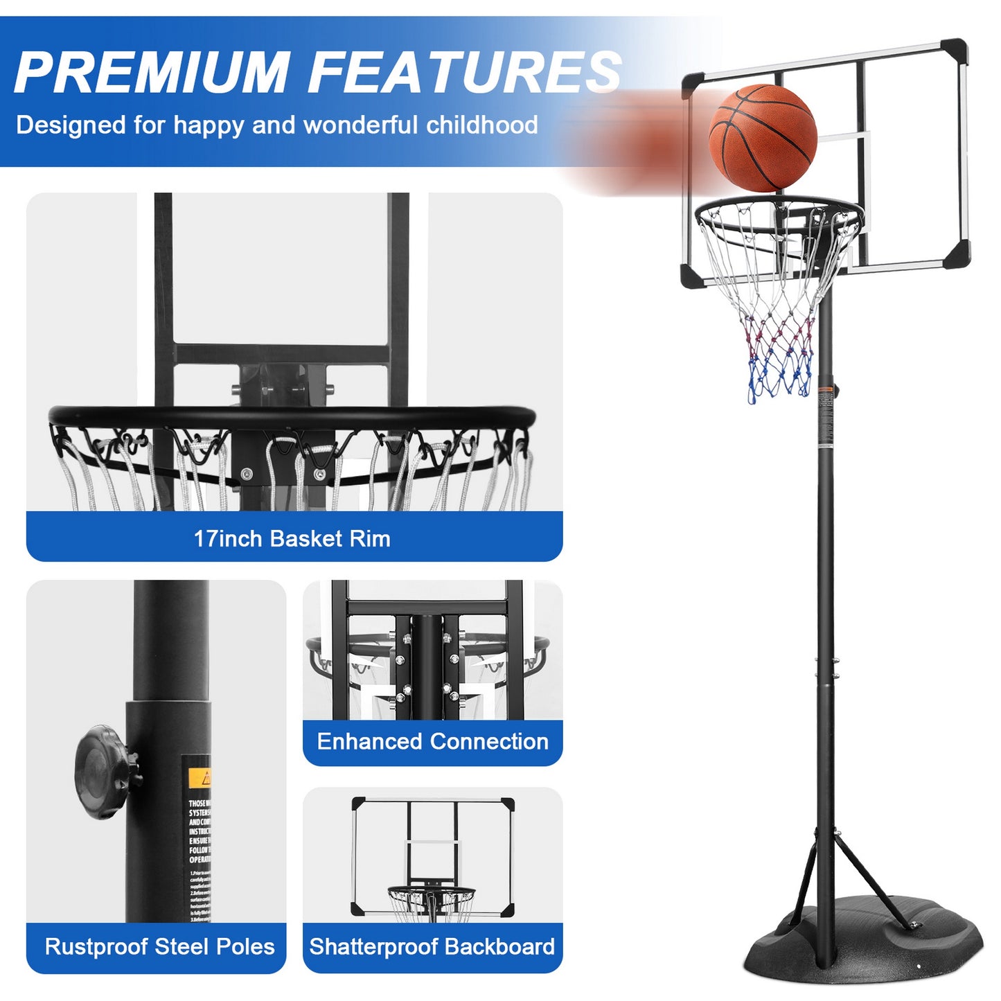 32'' Portable Basketball Hoop System, Upgraded SEGMART Indoor Outdoor Basketball Goal with 7.5ft-9.2ft Height Adjustable, Basketball Hoop Stand with 2 Wheels, Fillable Base for Youth Adults