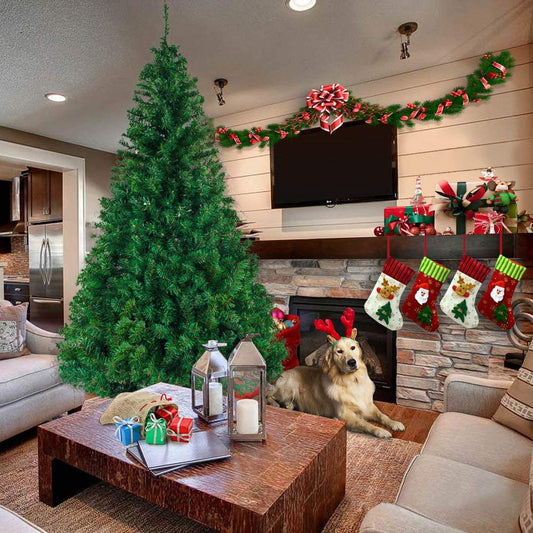 7ft Premium Hinged Realistic Green Christmas Tree, Hinged Artificial Christmas Tree Holiday Decoration w/1100 Tips, Solid Metal Stand, Easy Assembly, for Home, Christmas, Party, Green, S7428