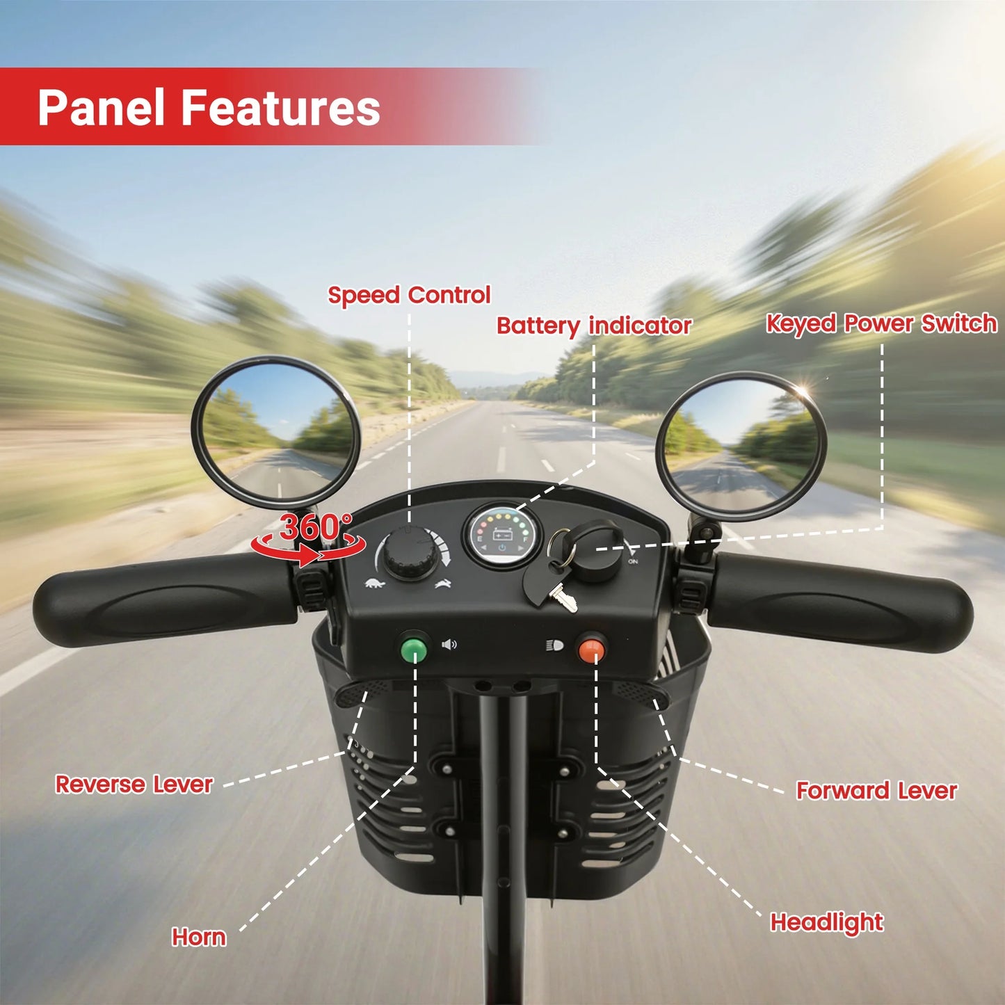 Mobility Scooter for Seniors, Segmart 4-Wheel Electric Scooter with Shock Absorption & Large Comfort Seat, 300W Foldable Senior Scooter with USB, LED Light, 300 lb Capacity, Red