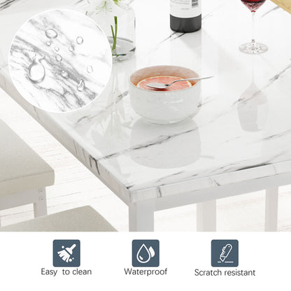 Kitchen Table and 4 Chairs Set, Metal Kitchen Table Sets Faux Marble Rectangular Breakfast Table w/Metal Legs & White Finish Frame, Dining Table Sets for an Apartment Breakfast, S12528