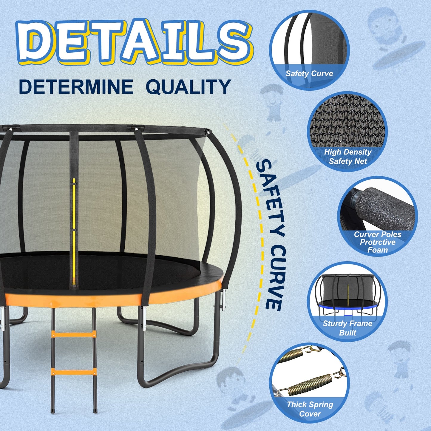 12FT Trampoline with Safety Enclosure Net, SEGMART Upgraded Outdoor Round Recreational Trampoline with Curved Poles and Ladder, Heavy Duty Pumpkin Backyard Trampoline for Kids and Adults, Orange