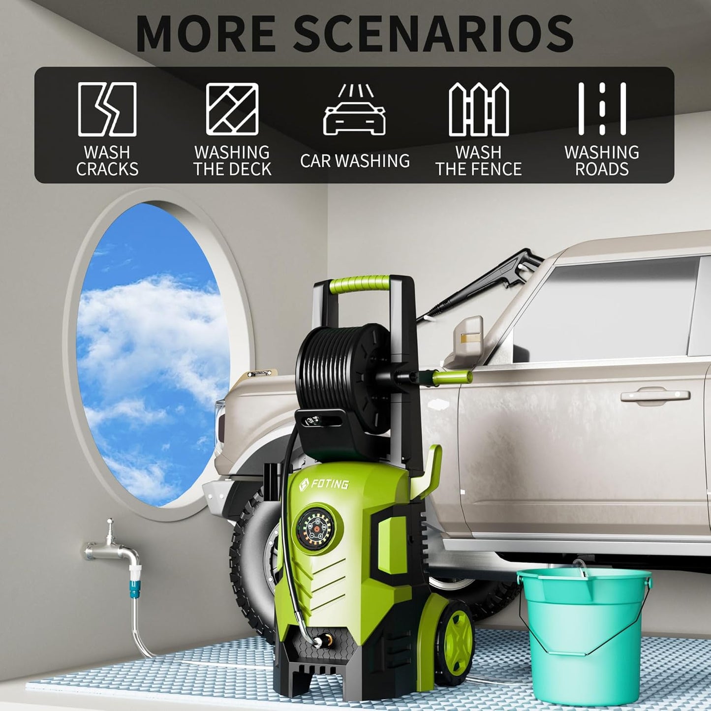 Electric Pressure Washer, Power Washer 5000PSI for Car Patio Wash, w/Total Stop System, Safety Lock, 4 Nozzles, Soap Bottle