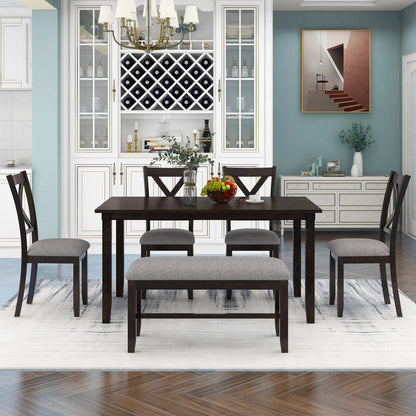 SEGMART 6 Piece Dining Table Set, Modern Home Dining Set with Table, Bench & 4 Cushioned Chairs, Wood Rectangular Table and Chair Set, Kitchen Table Set for Dining Room, Gray