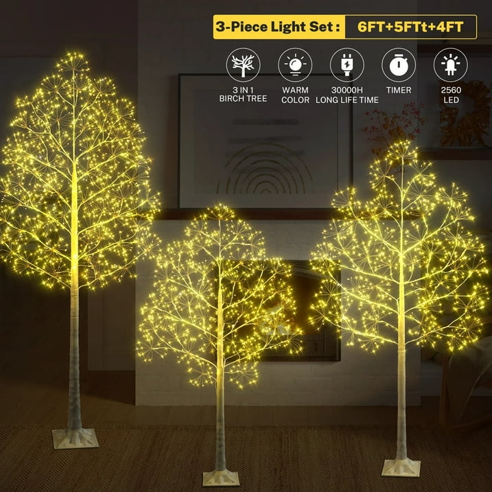 3-Pieces Lighted Birch Trees Sets, SEGMART 6FT+5FT+4FT White Pre-lit Christmas Trees with 650 LED, Stand and Timer, Artificial Christmas Decorations for Festival, Party