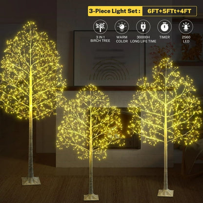 3-Pieces Lighted Birch Trees Sets, SEGMART 6FT+5FT+4FT White Pre-lit Christmas Trees with 650 LED, Stand and Timer, Artificial Christmas Decorations for Festival, Party