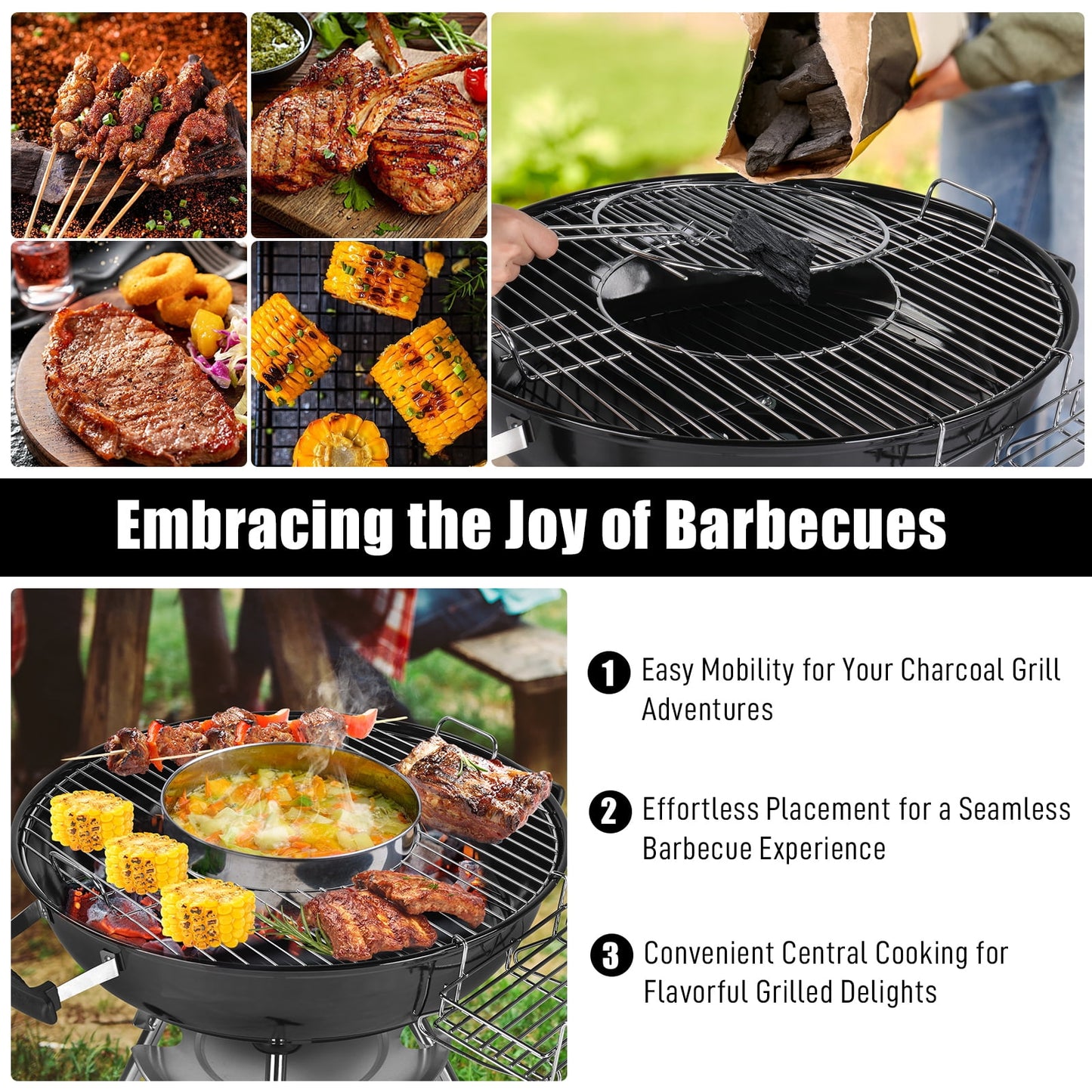 Segmart 28" Portable Charcoal Grill with Wheels, Outdoor Barbecue Kettle Grill for Camping, Tailgating, Backyard BBQ,Adjustable Vents, Removable Ash Catcher