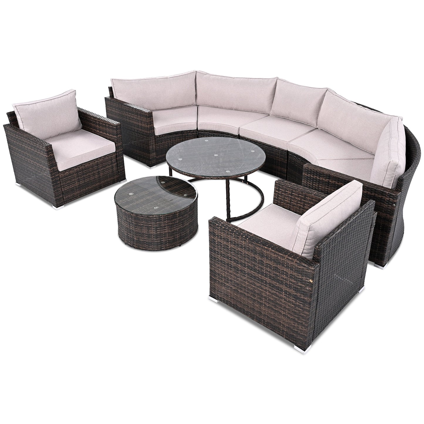 9 Pieces Patio Furniture Set, Wicker Sectional Table and Chairs Sets, Patio Conversation Set with Sectional Chaise Longue, Coffee Table, Suitable for Porch Backyard Garden, Beige