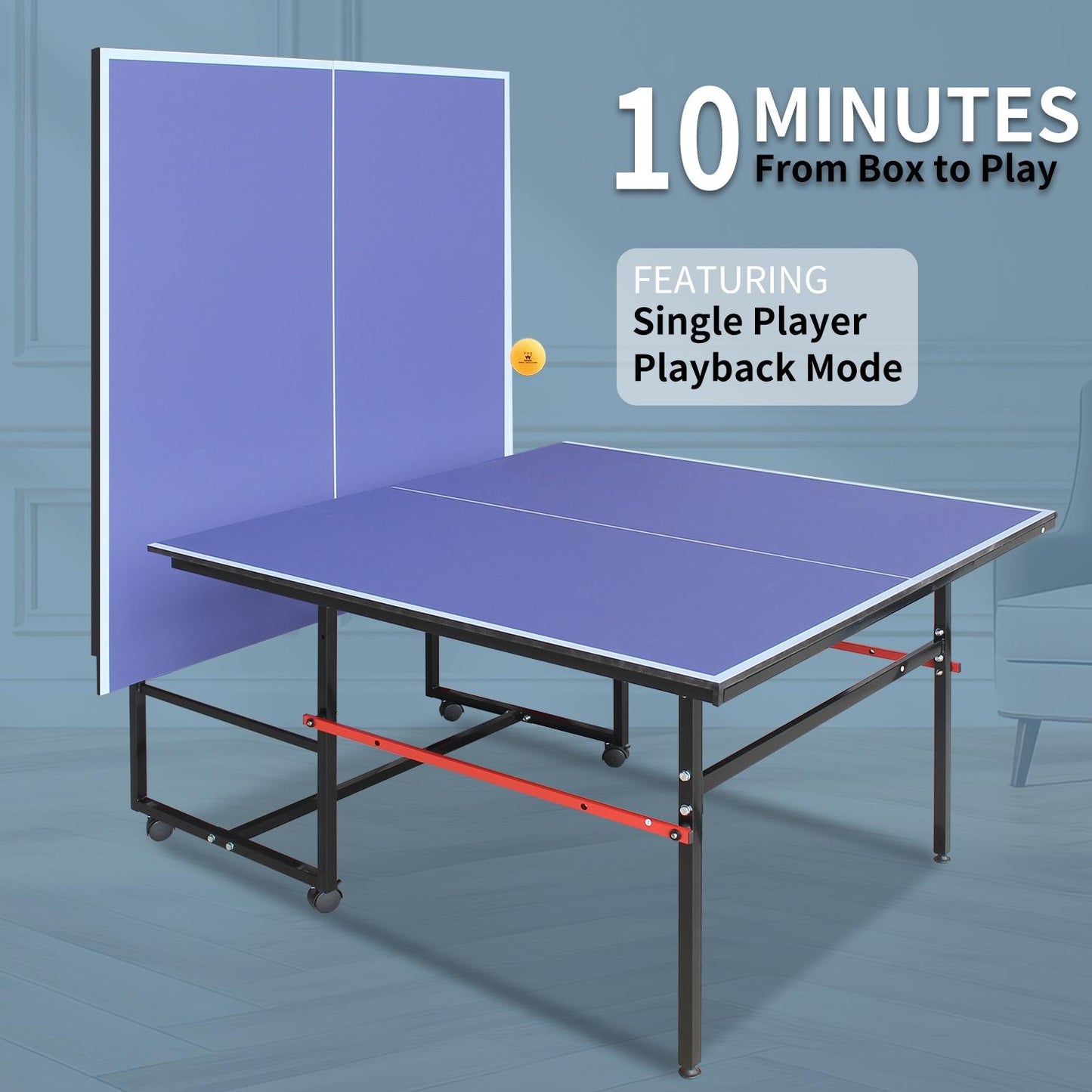 8ft Midsize Outdoor Ping Pong Table Set, SEGMART Foldable Tennis Table with Net, 2 Ping Pong Paddles, 3 Balls for Adults and Kids, Portable Table for Indoor Outdoor Game, Blue