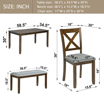 Wood Dining Table and Chair Set of 6, Dining Room Set for 6 Persons with Bench, Rectangular Kitchen Table with 4 Microfiber Padded Chairs Plus One Upholstered Bench, Farmhouse Kitchen Table Set