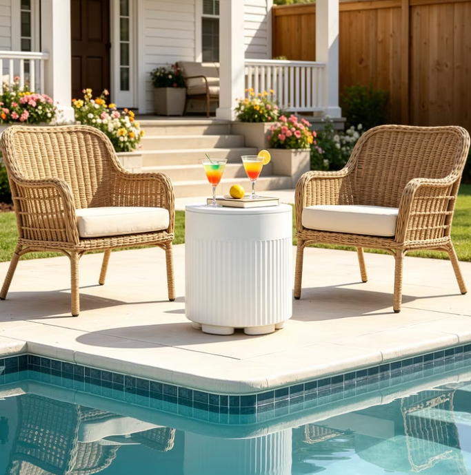 Outdoor Cooler Side Table, 3-in-1 Patio Ice Cooler Table with Drain Plug, White HDPE Poolside Drink Table, Patio Table for Deck, Backyard, Balcony, Hot Tub