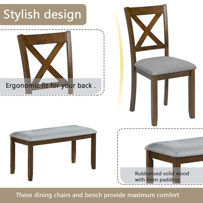 Wood Dining Table and Chair Set of 6, Dining Room Set for 6 Persons with Bench, Rectangular Kitchen Table with 4 Microfiber Padded Chairs Plus One Upholstered Bench, Farmhouse Kitchen Table Set