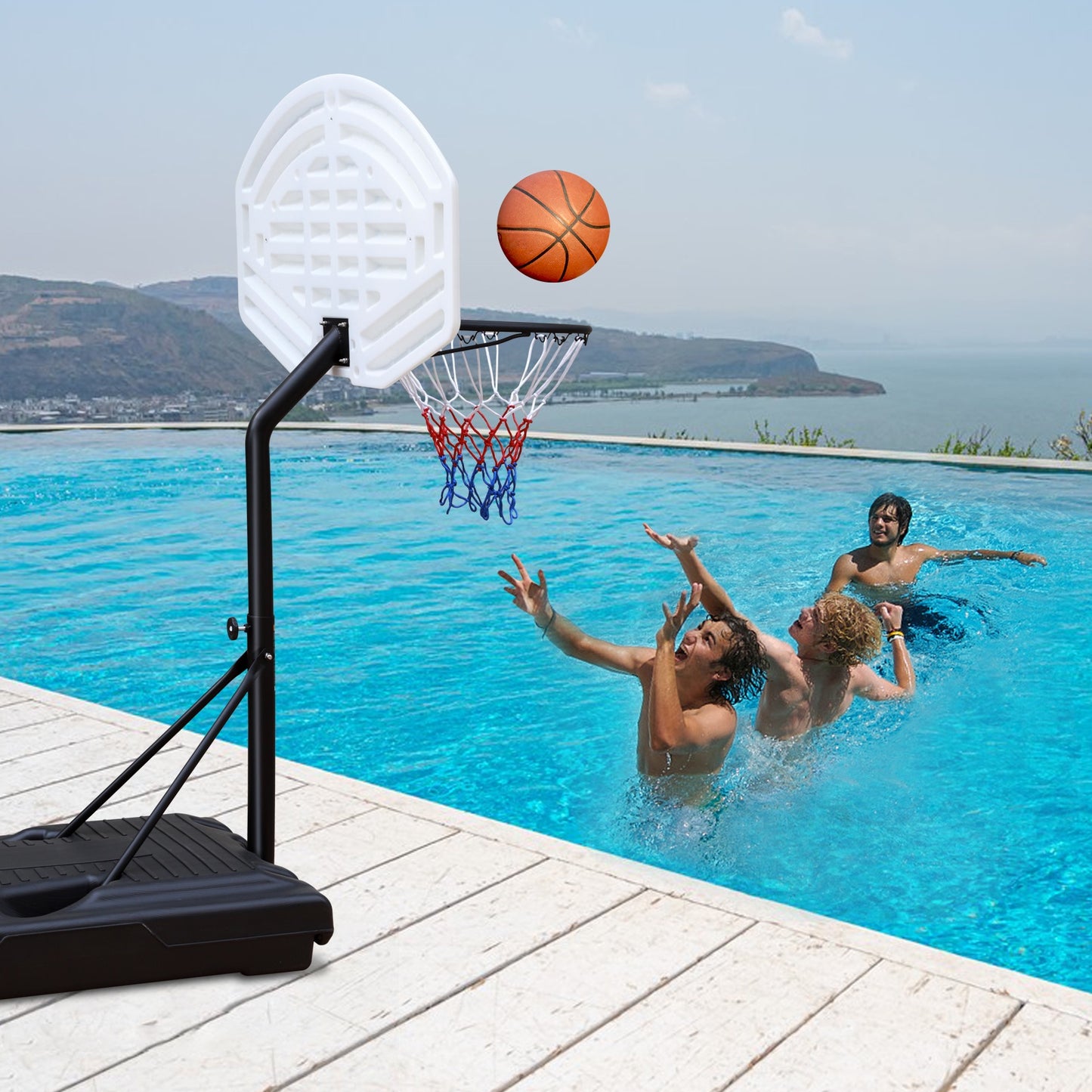 Swimming Pool Basketball Hoop, 3.1ft to 4.7ft Height-Adjustable Poolside Basketball Goal with 36" Backboard for Indoor Outdoor Use , Portable Poolside Basketball Hoop System for Adults & Kids