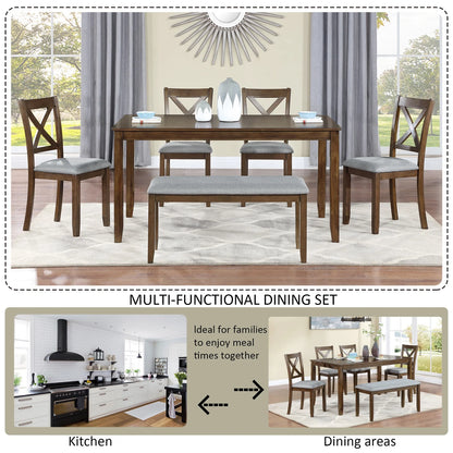 Wood Dining Table and Chair Set of 6, Dining Room Set for 6 Persons with Bench, Rectangular Kitchen Table with 4 Microfiber Padded Chairs Plus One Upholstered Bench, Farmhouse Kitchen Table Set