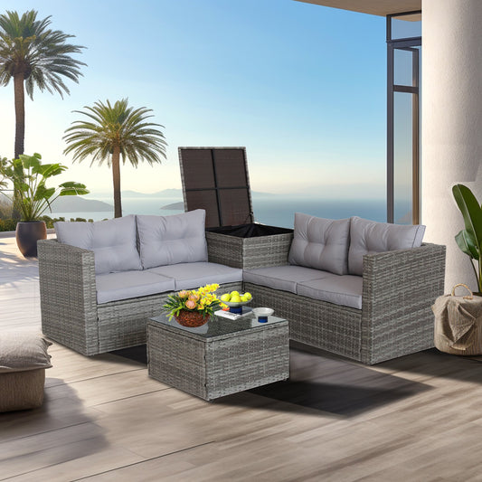 Patio Conversation Set, 4 Piece Outdoor Wicker Furniture Set with Loveseat Sofa, Storage Box, Tempered Glass Coffee Table, All-Weather Patio Sectional Sofa Set with Cushions for Backyard Garden Pool