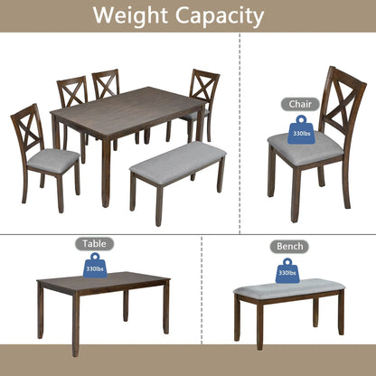 Wood Dining Table and Chair Set of 6, Dining Room Set for 6 Persons with Bench, Rectangular Kitchen Table with 4 Microfiber Padded Chairs Plus One Upholstered Bench, Farmhouse Kitchen Table Set