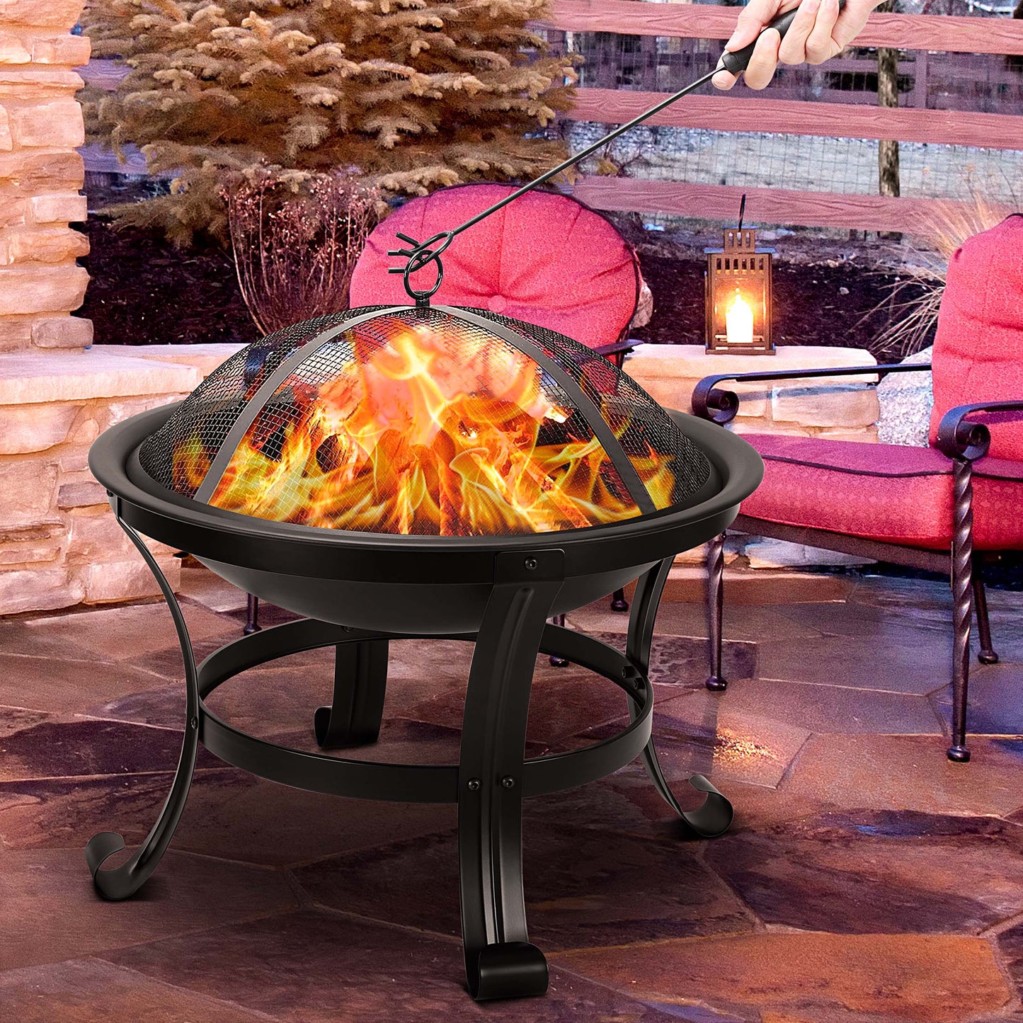 Segmart 22" Round Fire Pit, Curved Feet Iron Outdoor Wood Burning Fire Pit Patio Decoration for Backyard Poolside, Black