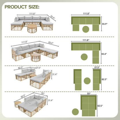 7 Pieces Patio Furniture Set, Wicker Sectional Table and Chairs Sets, Patio Conversation Set with Sectional Chaise Longue, Coffee Table, Suitable for Porch Backyard Garden, Gray
