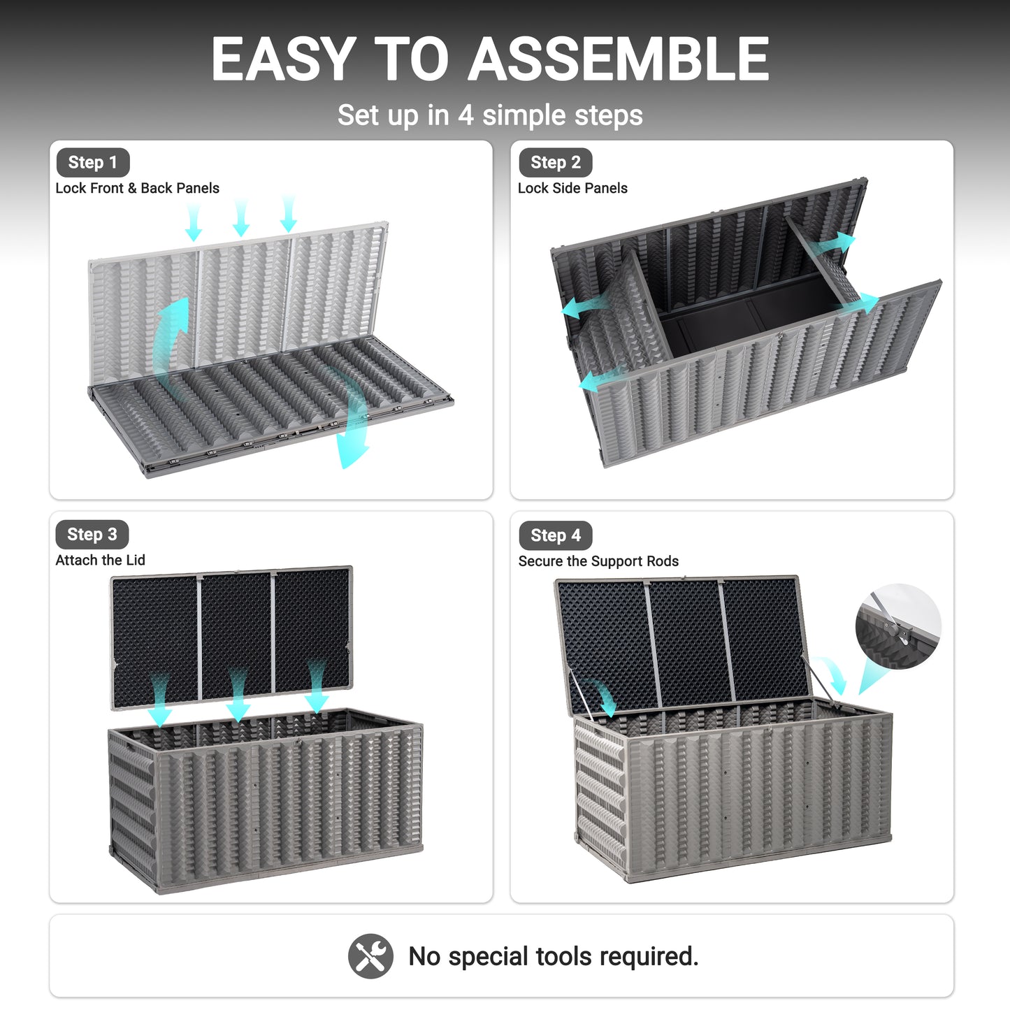 130 Gallon Resin Deck Box, Outdoor Lockable Storage Container for Patio Cushions, Garden Tools, Pool Supplies, Toys, Water Resistant and UV Resistant, Reinforced Rib Design, Built-in Wheels, Gray