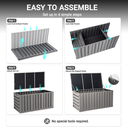 130 Gallon Resin Deck Box, Outdoor Lockable Storage Container for Patio Cushions, Garden Tools, Pool Supplies, Toys, Water Resistant and UV Resistant, Reinforced Rib Design, Built-in Wheels, Gray